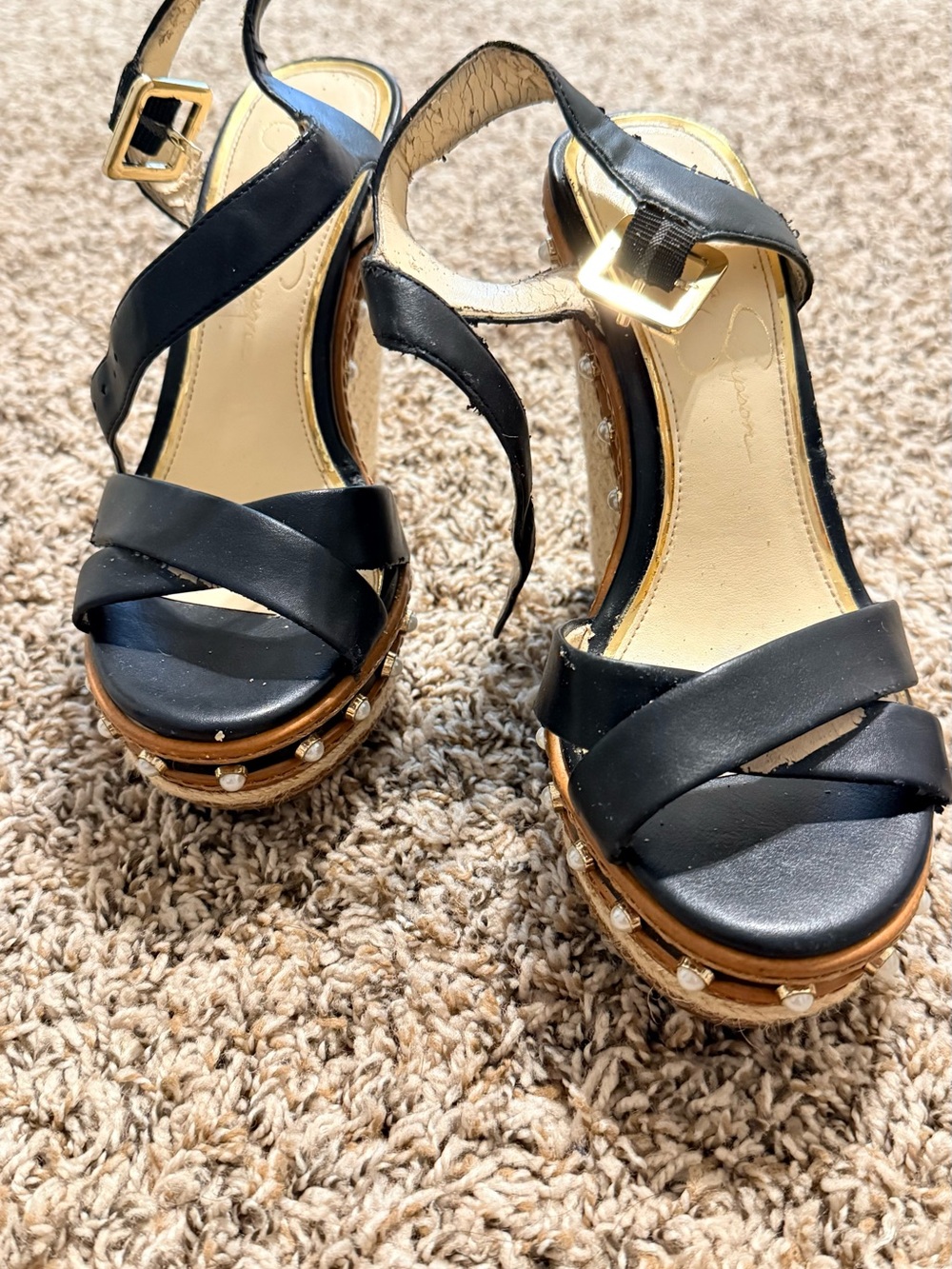 Jessica Simpson Black Leather Crisscross Wedge Sandals with Gold Buckles